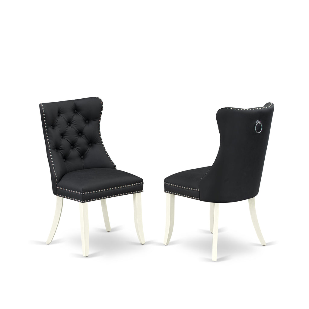 DAPHF43 Set of 2 Dallas Dining Room Chairs with Button Tufted Nailhead Trim in Dark Gray Faux Leather and Bright Linen