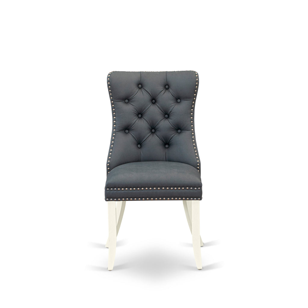 DAPHF0Z - Set of 2 Parsons Dining Chairs with Button Tufting and Faux Leather in Gray, Wirebrushed Linen White