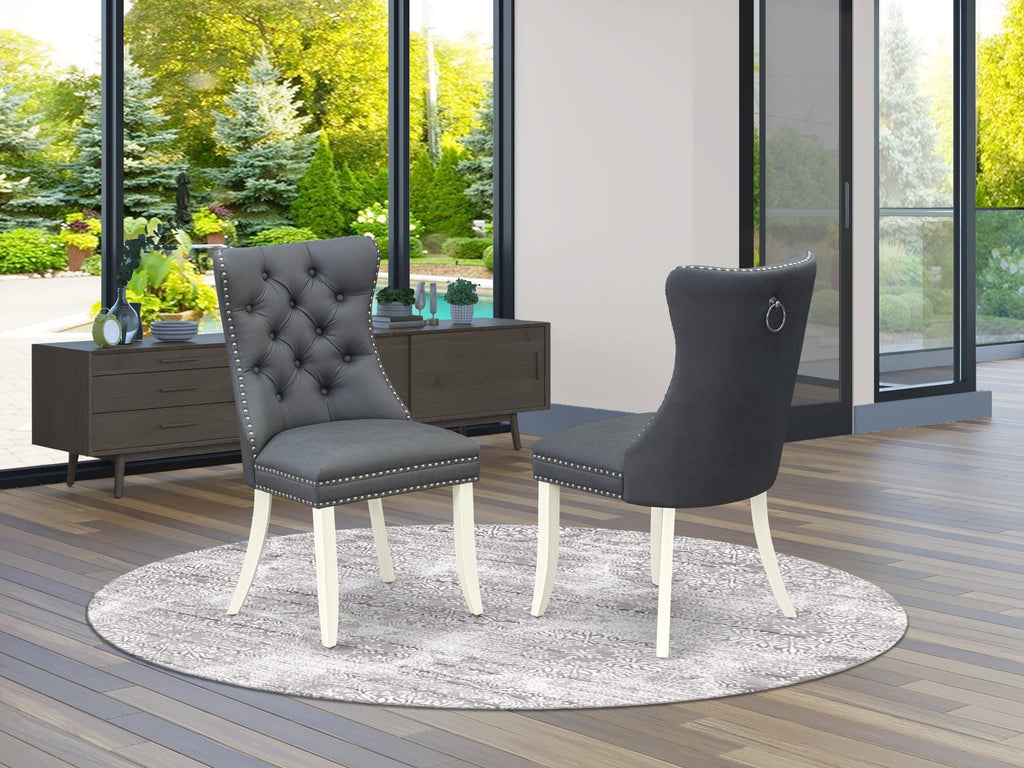 DAPHF0Z - Set of 2 Parsons Dining Chairs with Button Tufting and Faux Leather in Gray, Wirebrushed Linen White