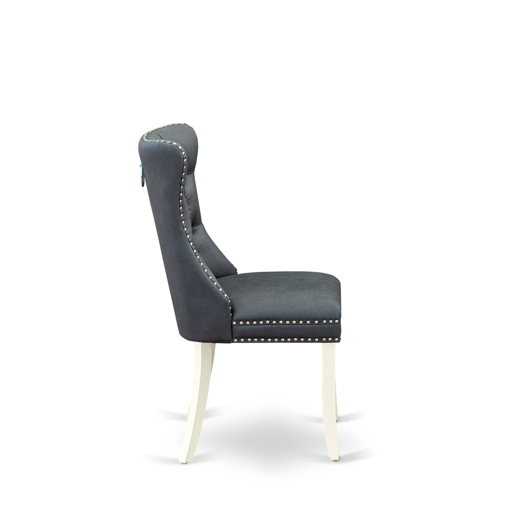 DAPHF0Z - Set of 2 Parsons Dining Chairs with Button Tufting and Faux Leather in Gray, Wirebrushed Linen White
