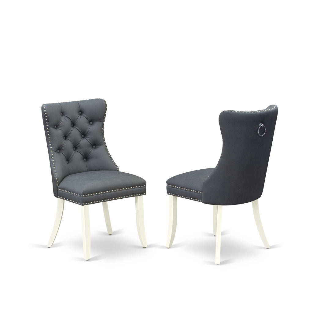 DAPHF0Z - Set of 2 Parsons Dining Chairs with Button Tufting and Faux Leather in Gray, Wirebrushed Linen White