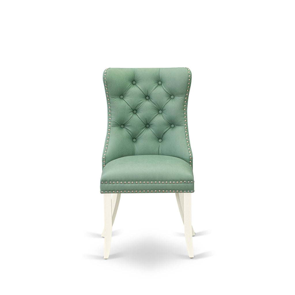 DAPHFVB Dallas Parson Dining Set Button Tufted Nailhead Green Faux Leather Chairs, Pair, in Bright Linen White Finish