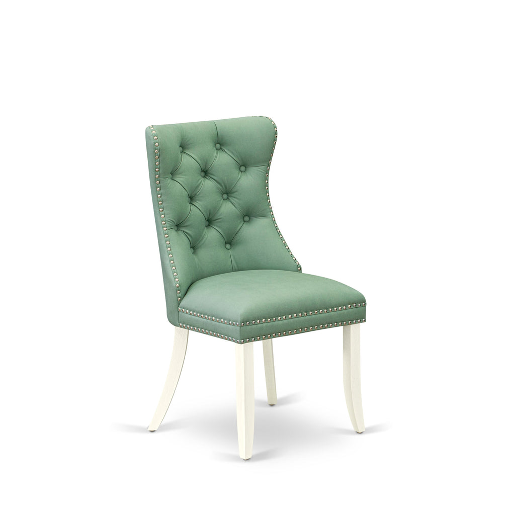 DAPHFVB Dallas Parson Dining Set Button Tufted Nailhead Green Faux Leather Chairs, Pair, in Bright Linen White Finish