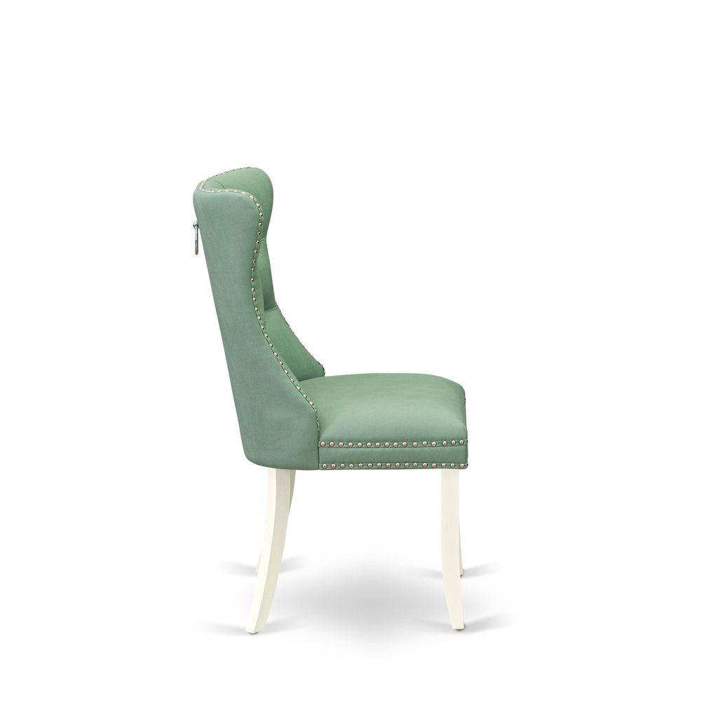 DAPHFVB Dallas Parson Dining Set Button Tufted Nailhead Green Faux Leather Chairs, Pair, in Bright Linen White Finish