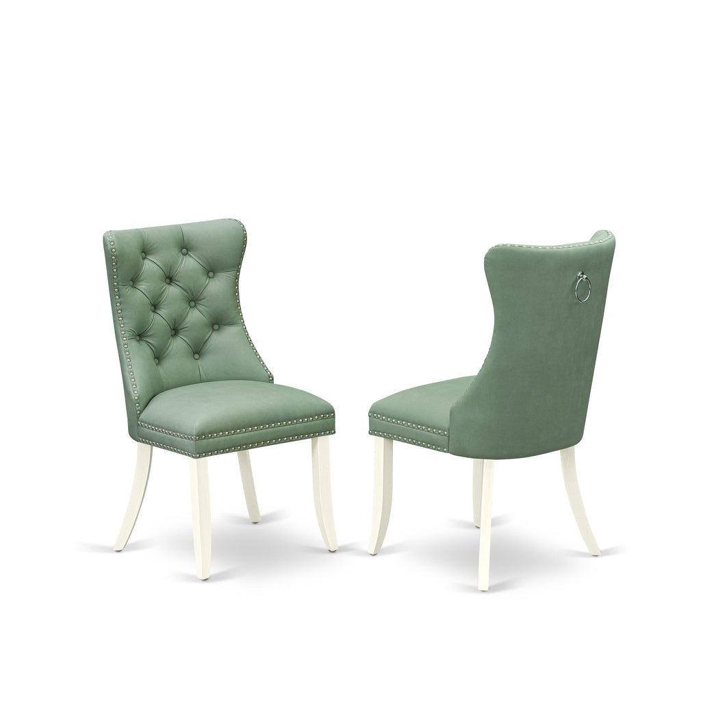DAPHFVB Dallas Parson Dining Set Button Tufted Nailhead Green Faux Leather Chairs, Pair, in Bright Linen White Finish