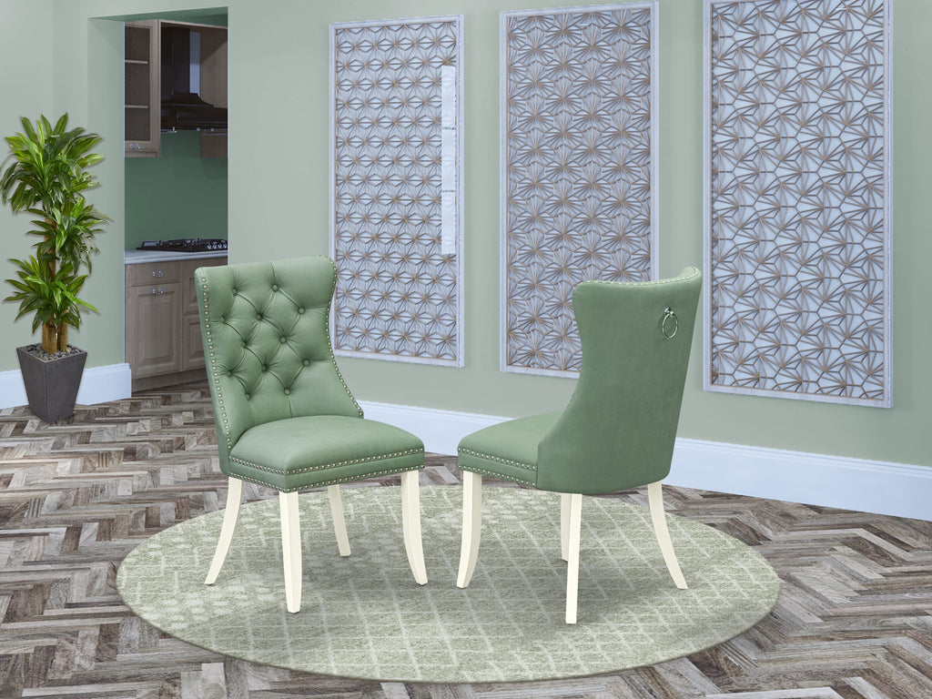 DAPHFVB Dallas Parson Dining Set Button Tufted Nailhead Green Faux Leather Chairs, Pair, in Bright Linen White Finish