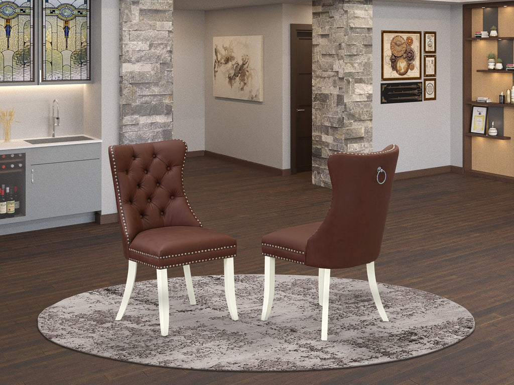Set of 2, DAPHFAH Dallas Parsons Dining Room Chairs - Burgundy Faux Leather, Bright White, Button Tufted with Nailhead Trim