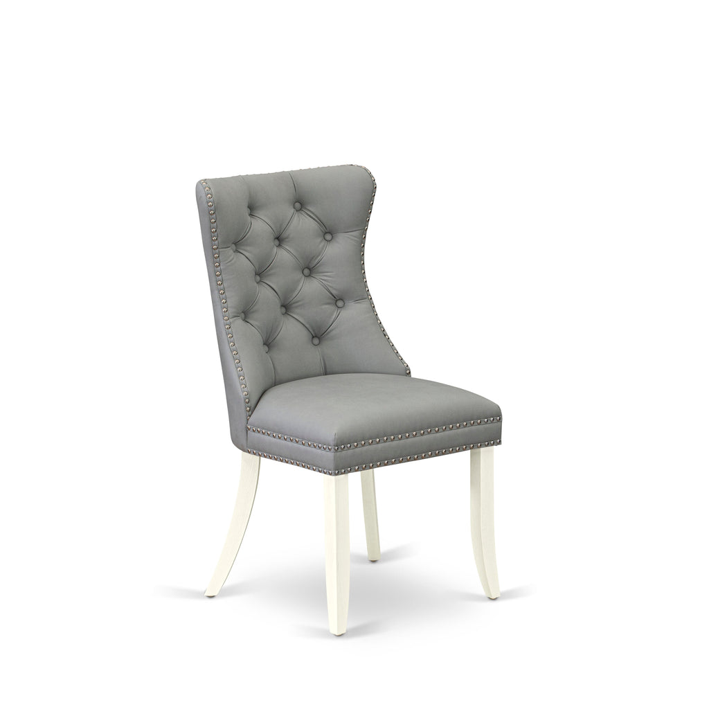 DAPHF70 Dining Chairs Pair Light Gray Faux Suede Upholstered, Button Tufted, Nailhead, Linen White Finish