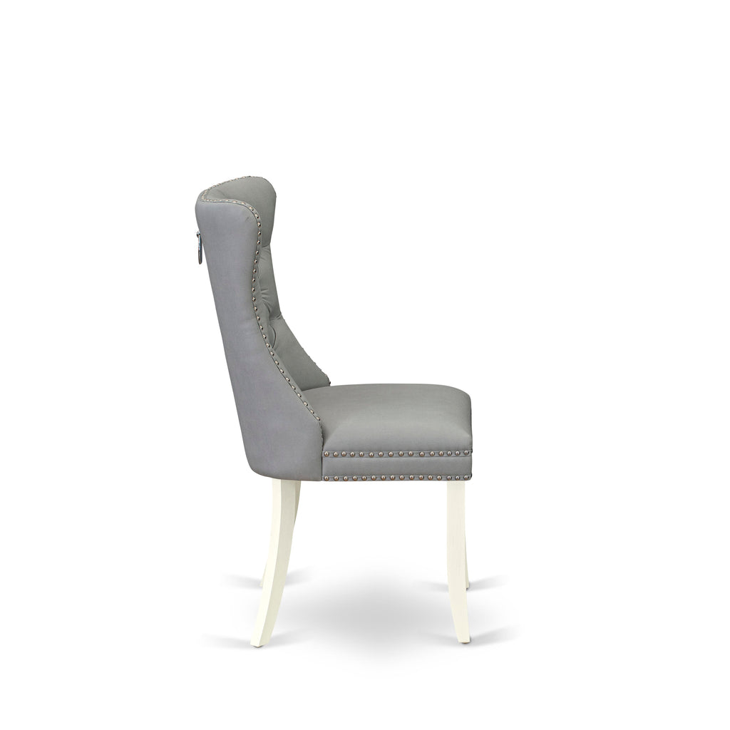 DAPHF70 Dining Chairs Pair Light Gray Faux Suede Upholstered, Button Tufted, Nailhead, Linen White Finish
