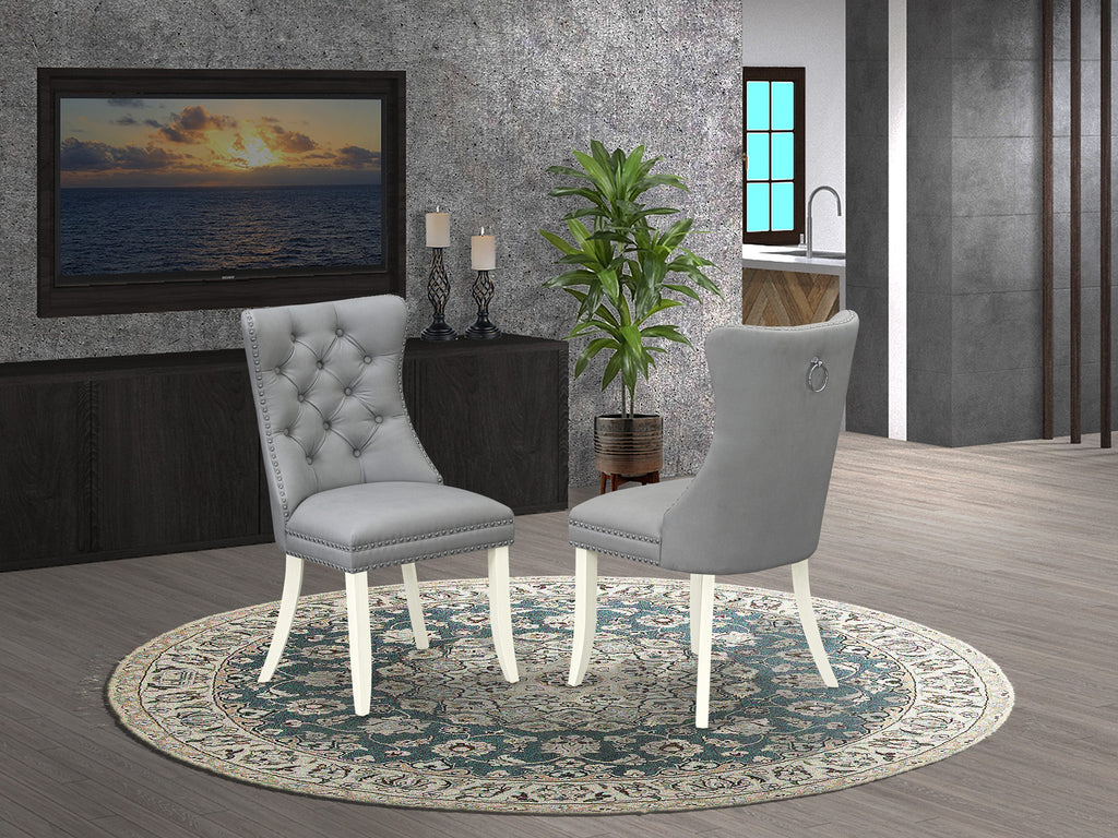 DAPHF70 Dining Chairs Pair Light Gray Faux Suede Upholstered, Button Tufted, Nailhead, Linen White Finish