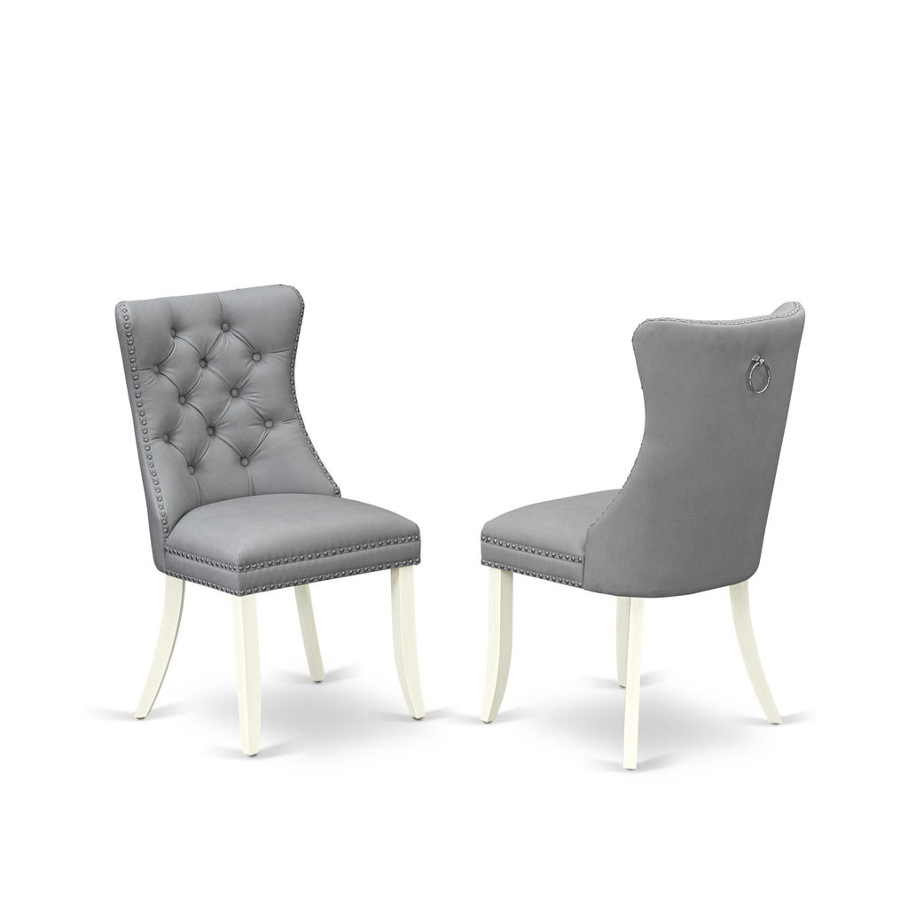 DAPHF70 Dining Chairs Pair Light Gray Faux Suede Upholstered, Button Tufted, Nailhead, Linen White Finish