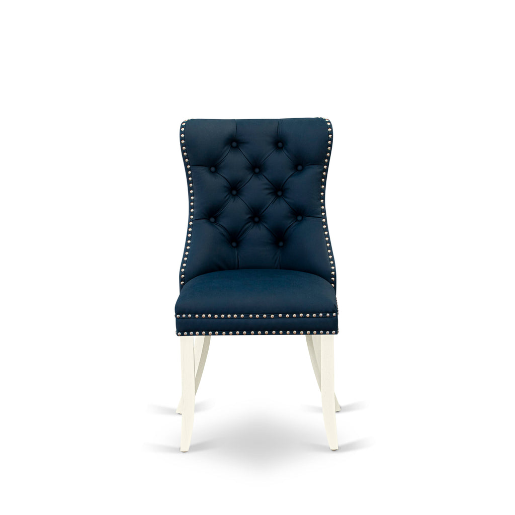 DAPHFKY Elegant Dining Room Set with Navy Upholstered Chairs - Button Style and Nailhead Details, Wirebrushed White Base