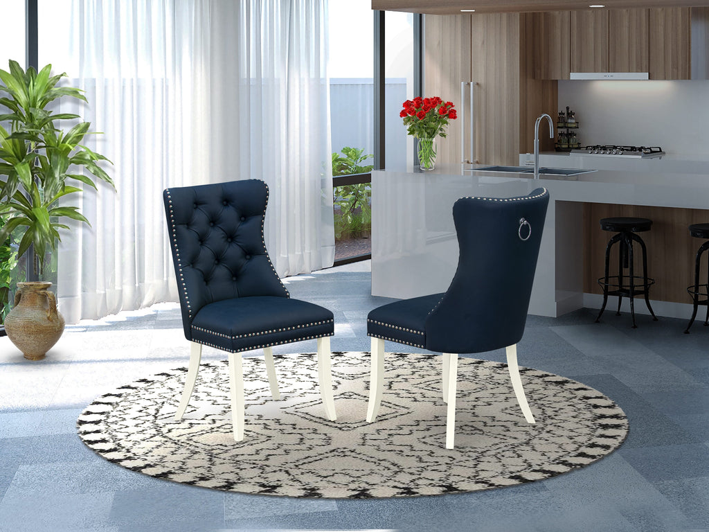 DAPHFKY Elegant Dining Room Set with Navy Upholstered Chairs - Button Style and Nailhead Details, Wirebrushed White Base