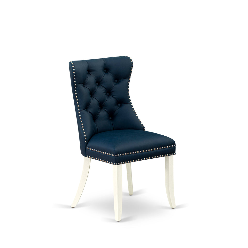 DAPHFKY Elegant Dining Room Set with Navy Upholstered Chairs - Button Style and Nailhead Details, Wirebrushed White Base