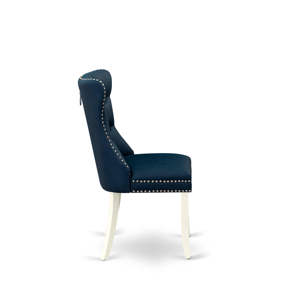 DAPHFKY Elegant Dining Room Set with Navy Upholstered Chairs - Button Style and Nailhead Details, Wirebrushed White Base