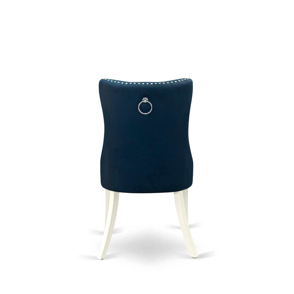 DAPHFKY Elegant Dining Room Set with Navy Upholstered Chairs - Button Style and Nailhead Details, Wirebrushed White Base