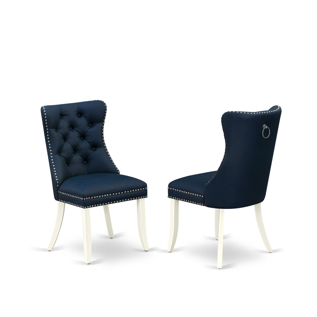 DAPHFKY Elegant Dining Room Set with Navy Upholstered Chairs - Button Style and Nailhead Details, Wirebrushed White Base