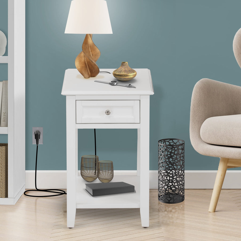 DE-05-2B Sleek Denison Rectangle Side Table with Storage Drawer, 24x19 Inch White Finish Ideal for Bedroom Use