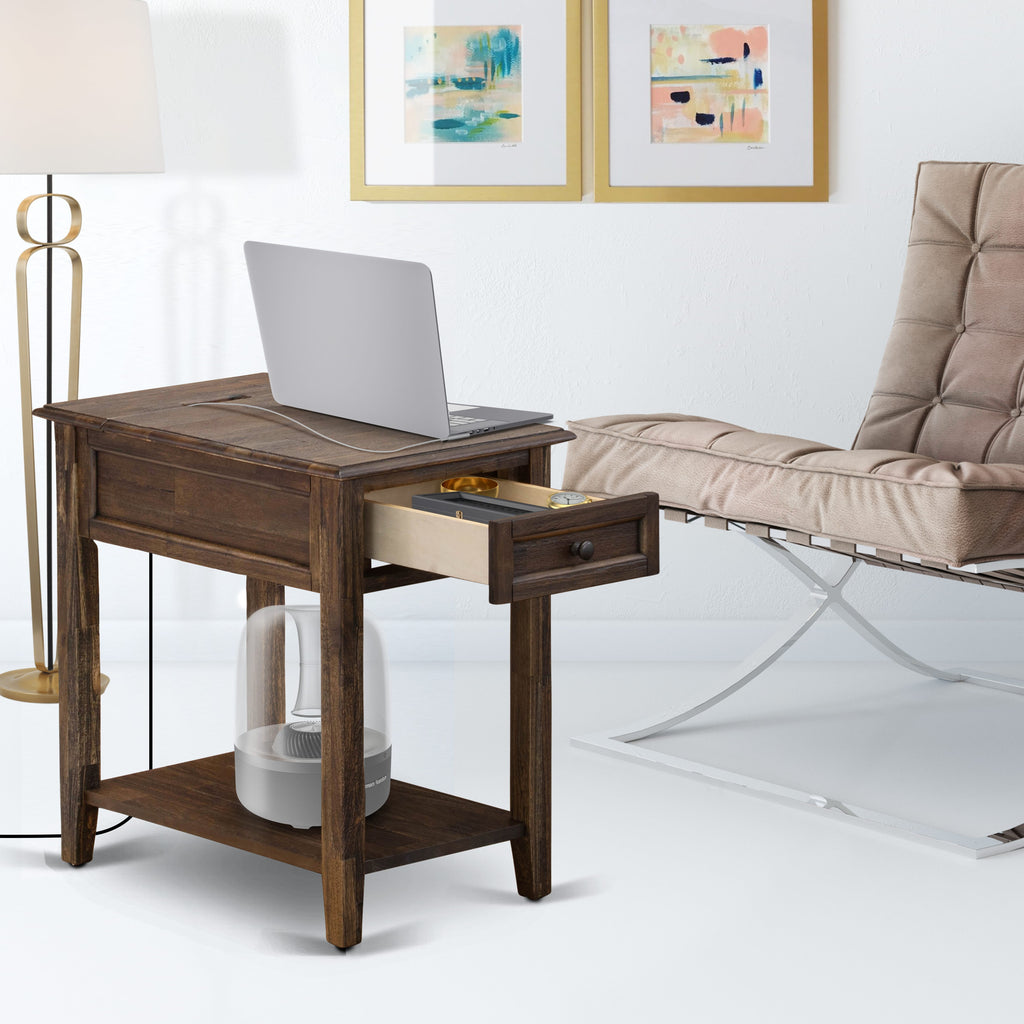 DE-07-MN Sleek Denison Rectangular Side Table with Drawer - 24x19 Inch, Distressed Jacobean Finish