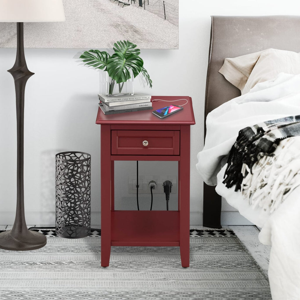 Denison Night Stand - DE-13-NL Modern Rectangular Bedside End Table Featuring Drawer, 24x19 Inch, Burgundy
