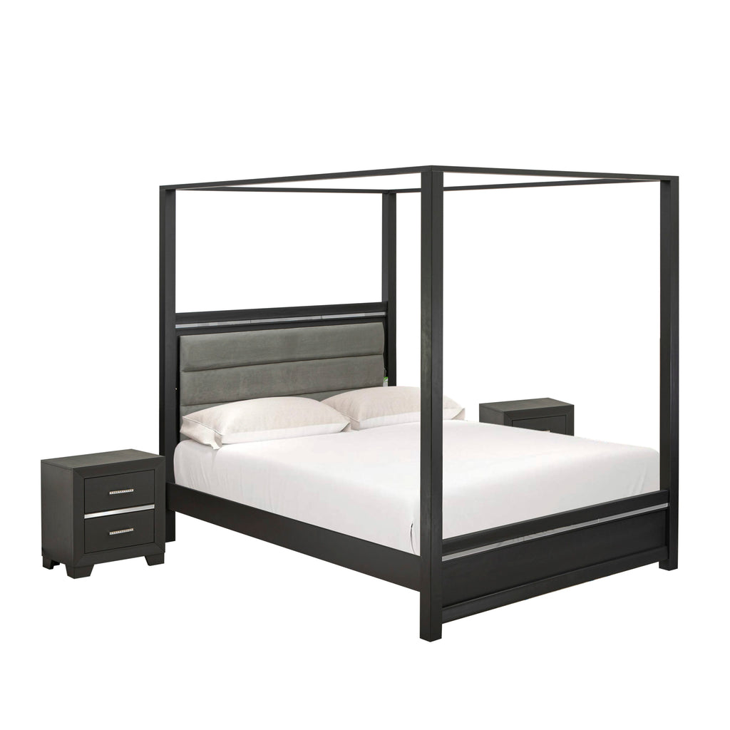 DE20-90V1A2 3-Piece Stylish Denali Suite - A Cozy Bed Frame and Dual Bedroom Nightstands in Chic Brushed Gray