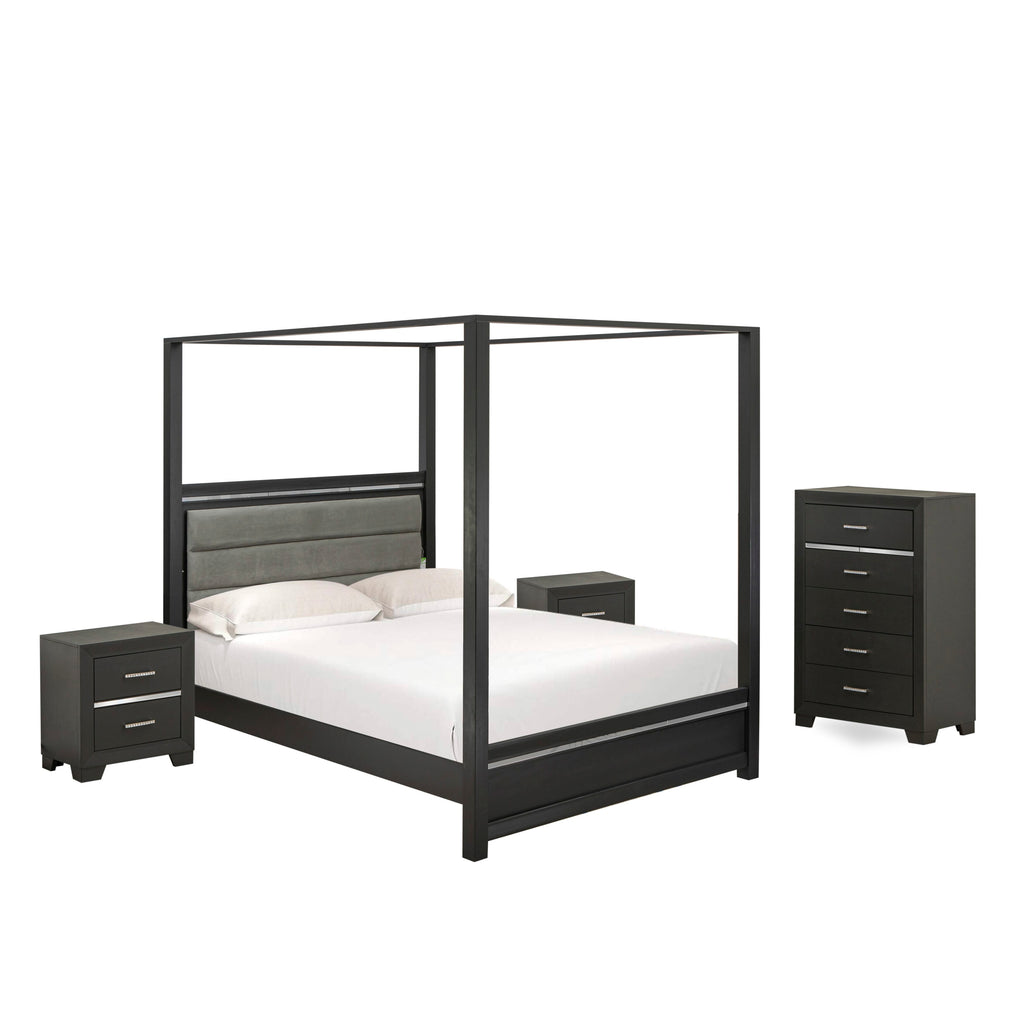 DE20-PQ3WIN Stylish 4-Piece Bedroom Set with Queen Frame, 2 Nightstands & Dresser - Brushed Gray Charm