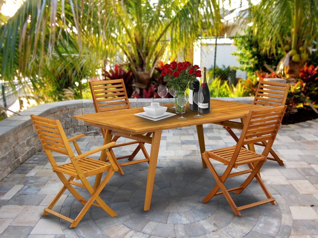 DEBS58ETTS 5-Piece Outdoor Wooden Patio Dining Set with Rectangle Table 2 Folding Armchairs and 2 Side Chairs