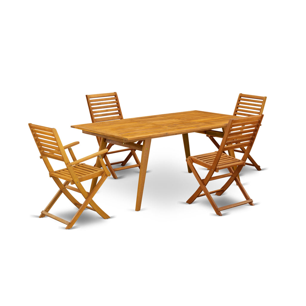 DEBS58ETTS 5-Piece Outdoor Wooden Patio Dining Set with Rectangle Table 2 Folding Armchairs and 2 Side Chairs
