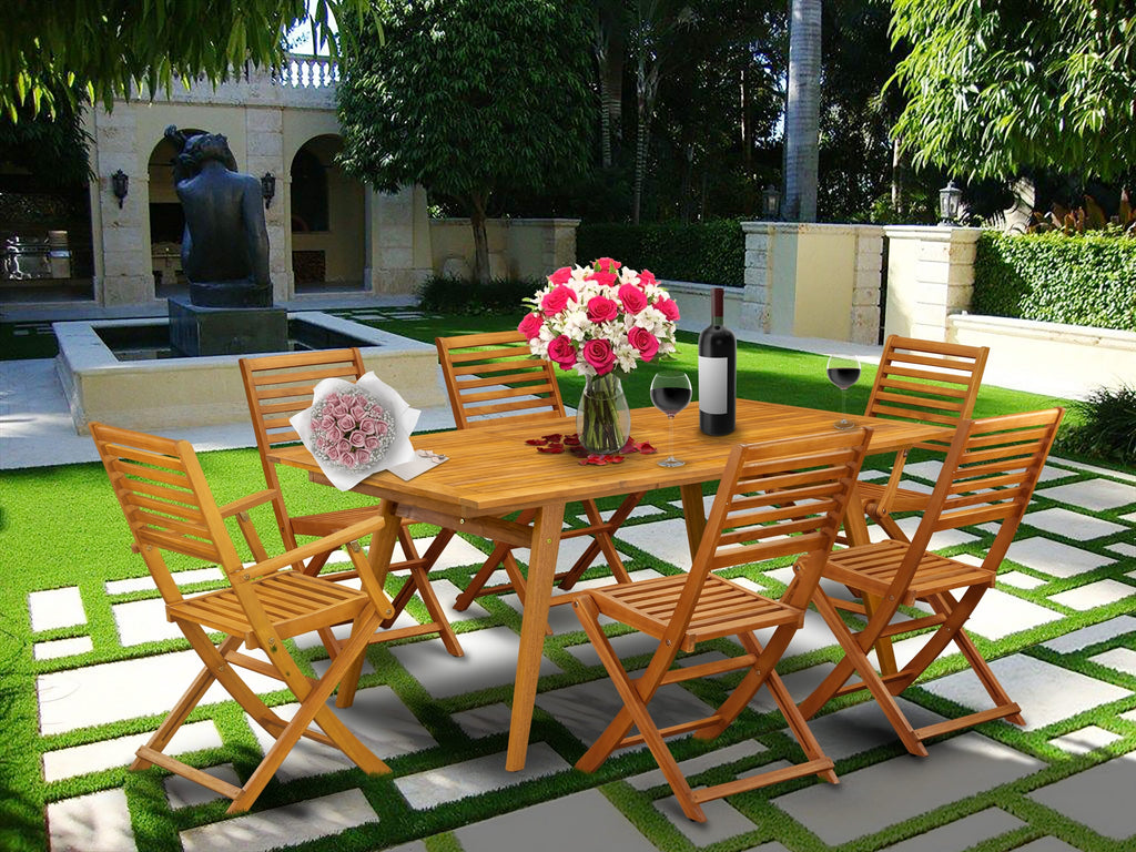 DEBS7NQ060 7-Piece Outdoor Dining Ensemble Acacia Wood Table, 2 Arm & 4 Side Chairs, Natural Oil Finish