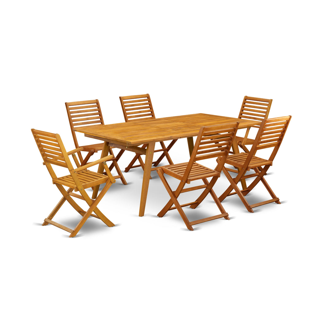 DEBS7NQ060 7-Piece Outdoor Dining Ensemble Acacia Wood Table, 2 Arm & 4 Side Chairs, Natural Oil Finish