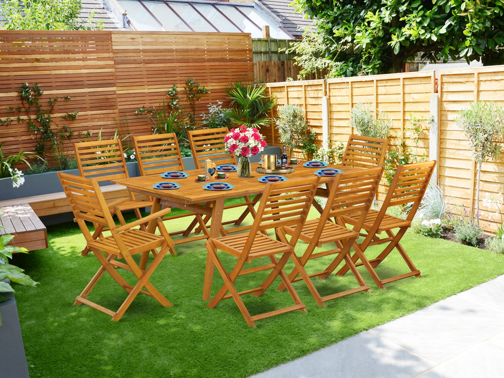 DEBS9HFTID 9-Piece Patio Dining Ensemble with Acacia Wood Table, Folding Armchairs & Side Seats, 40x72 in Natural Oil