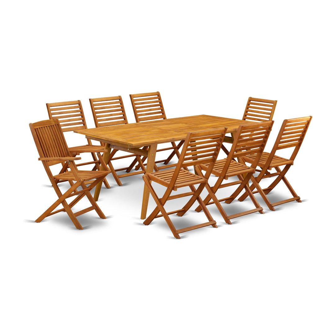 DEBS9HFTID 9-Piece Patio Dining Ensemble with Acacia Wood Table, Folding Armchairs & Side Seats, 40x72 in Natural Oil