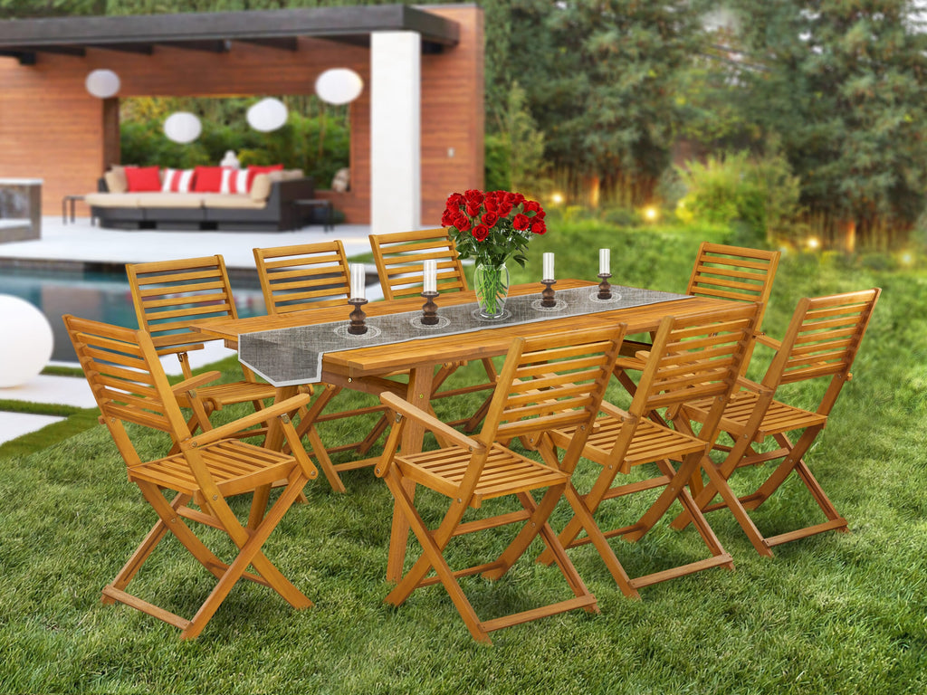 DEBS9OELM 9 Piece Outdoor Patio Dining Set with Rectangular Acacia Table and 8 Folding Chairs