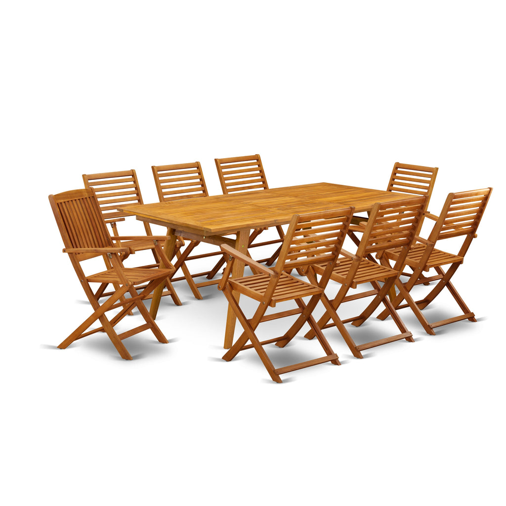 DEBS9OELM 9 Piece Outdoor Patio Dining Set with Rectangular Acacia Table and 8 Folding Chairs