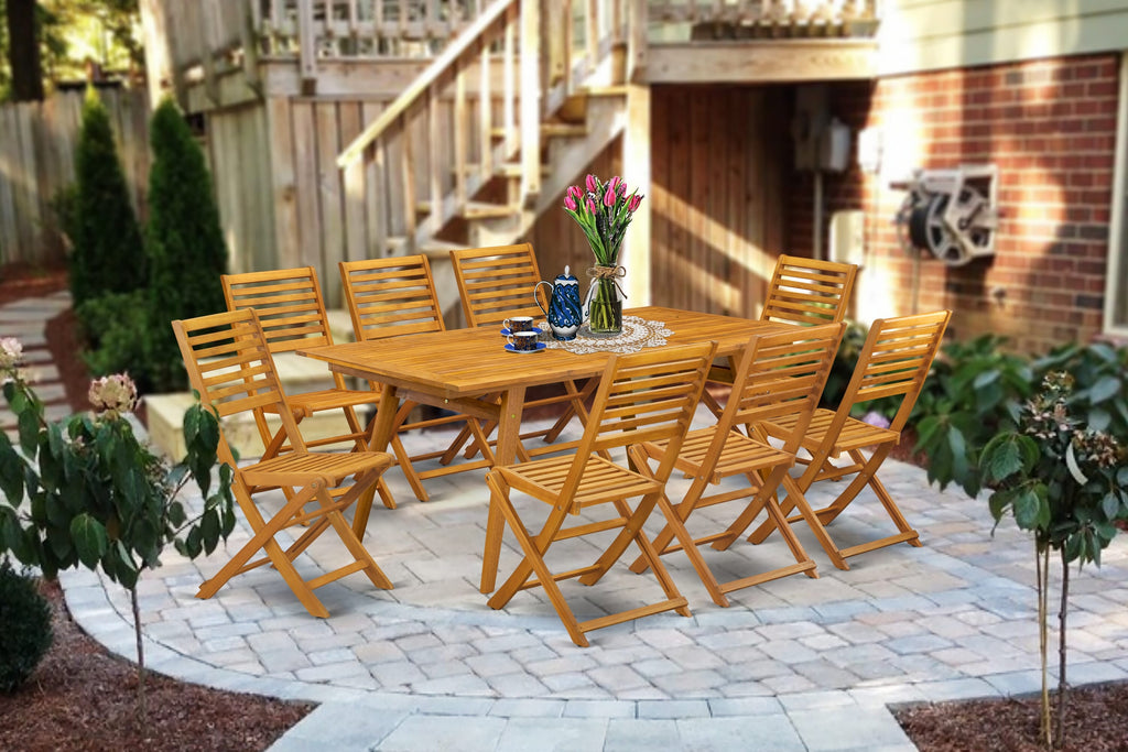 DEBS9Q7SF 9 Piece Patio Dining Ensemble with Wood Table and Folding Side Chairs, Natural Finish