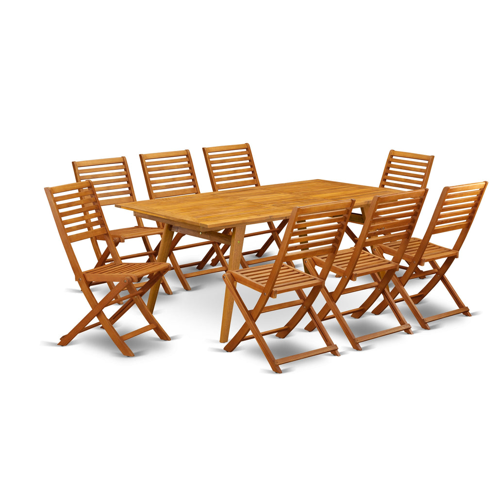 DEBS9Q7SF 9 Piece Patio Dining Ensemble with Wood Table and Folding Side Chairs, Natural Finish