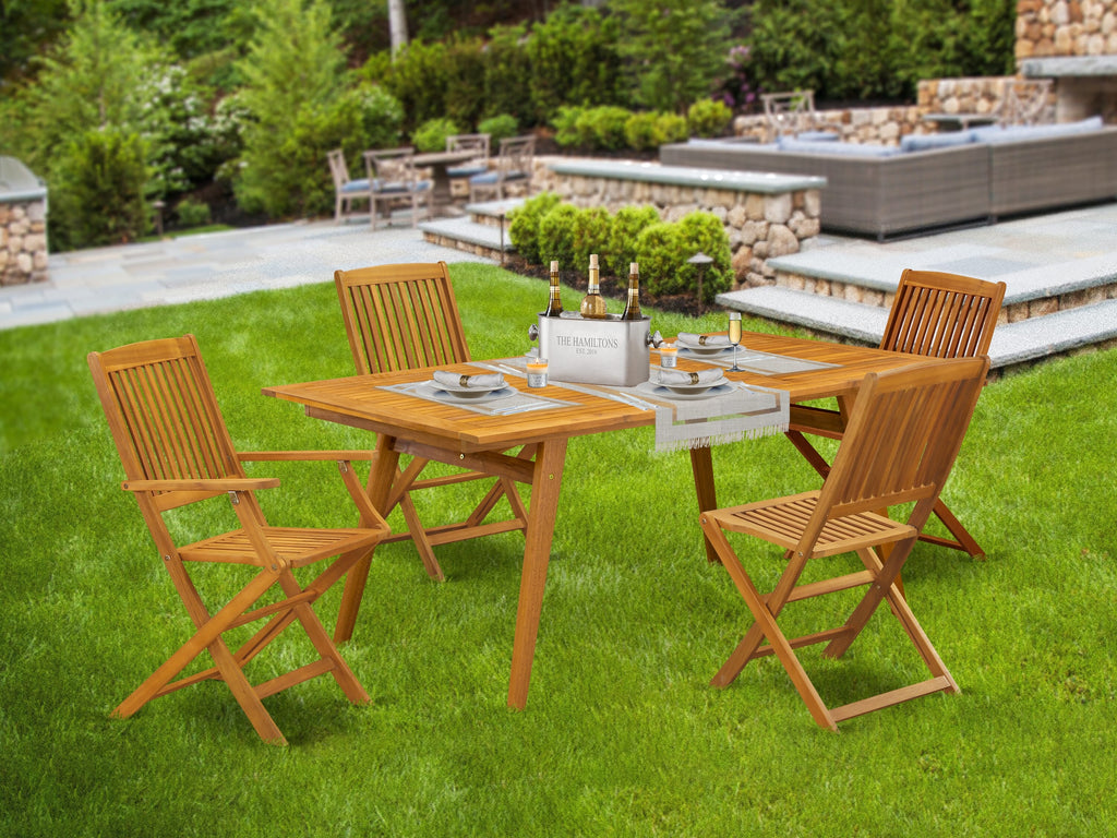 DECM5OGJAT Outdoor Dining Set 5 Piece Patio Set with Rectangle Acacia Table, Folding Arm & Side Chairs