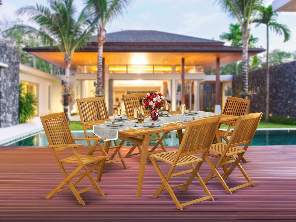 DECM7MCJ56 7-Piece Outdoor Dining Set with Rectangular Table & Arm-Fold Chairs, Natural Finish