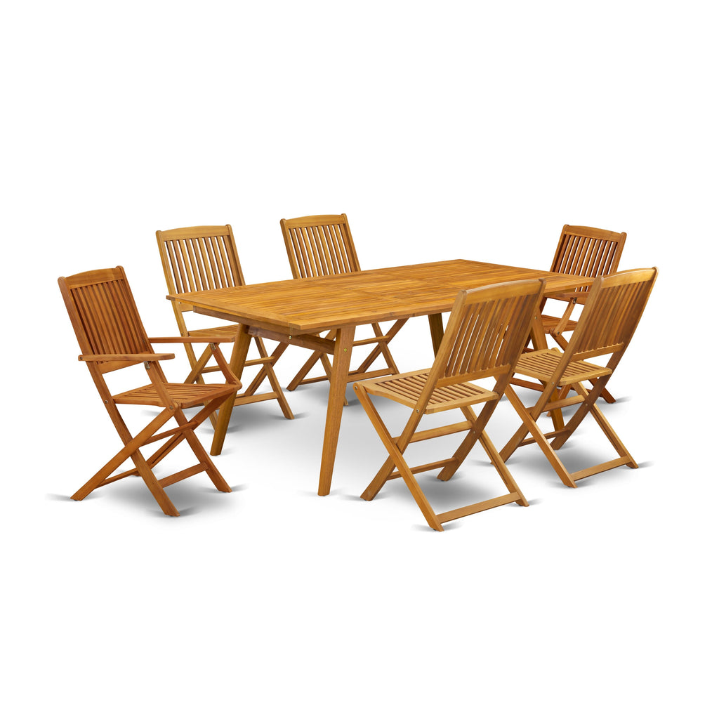 DECM7MCJ56 7-Piece Outdoor Dining Set with Rectangular Table & Arm-Fold Chairs, Natural Finish