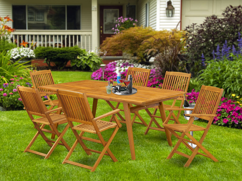 DECM7SAK4 7-Piece Patio Dining Ensemble Rectangle Wood Table and Six Arm Chairs