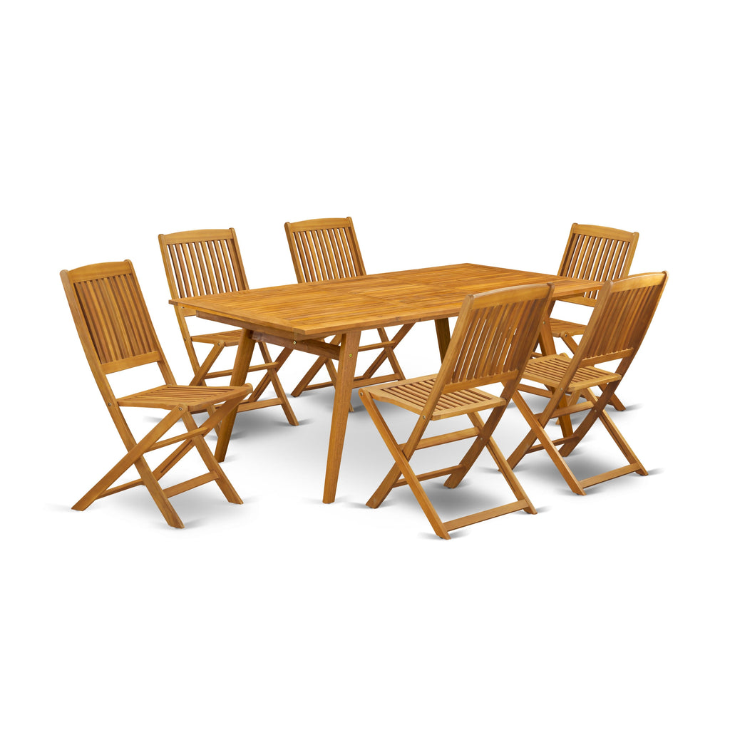 DECM73L87 7-Piece Outdoor Patio Set Rectangular Acacia Wood Dining Table & 6 Foldable Chairs