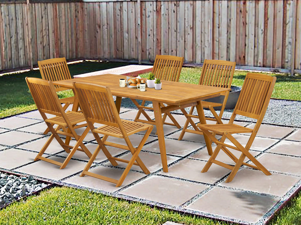 DECM73L87 7-Piece Outdoor Patio Set Rectangular Acacia Wood Dining Table & 6 Foldable Chairs