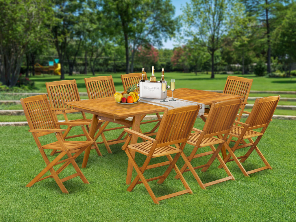 DECM9SV4X Deluxe 9 Piece Outdoor Dining Set with Rectangular Acacia Table and 8 Foldable Chairs, Natural Oil