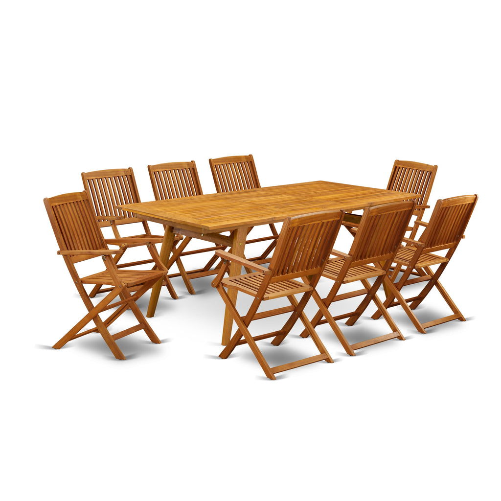 DECM9SV4X Deluxe 9 Piece Outdoor Dining Set with Rectangular Acacia Table and 8 Foldable Chairs, Natural Oil