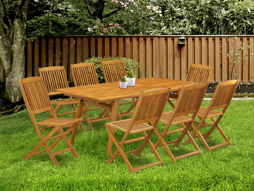 DECM9KQR9 9-Piece Acacia Patio Dining Set with Folding Chairs and Rectangle Table, Natural Finish