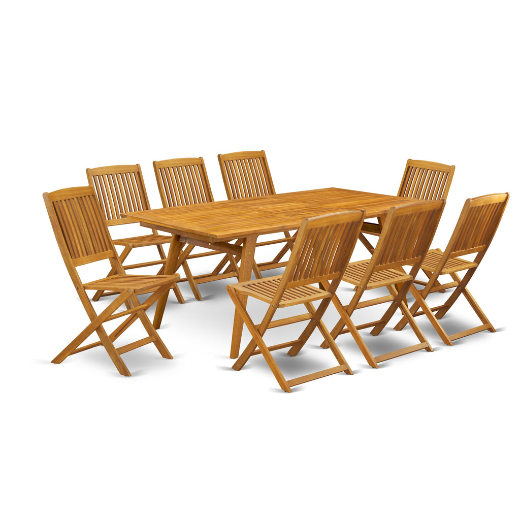 DECM9KQR9 9-Piece Acacia Patio Dining Set with Folding Chairs and Rectangle Table, Natural Finish