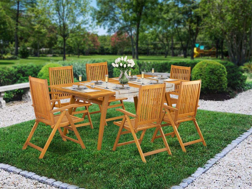 DECN7ZKDO 7-Piece Rectangle Patioset with Folding Armchairs, Acacia Wood Table, Natural Oil Finish