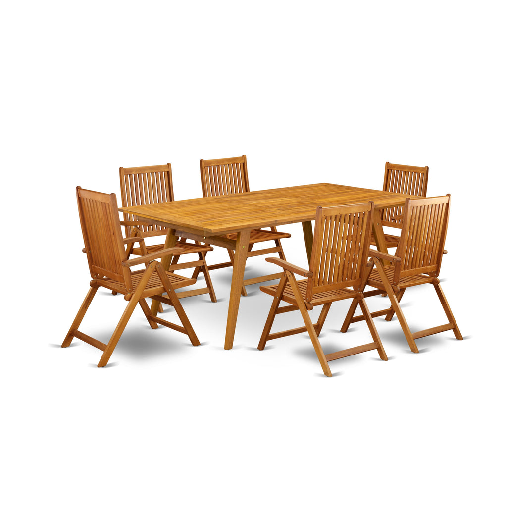 DECN7ZKDO 7-Piece Rectangle Patioset with Folding Armchairs, Acacia Wood Table, Natural Oil Finish
