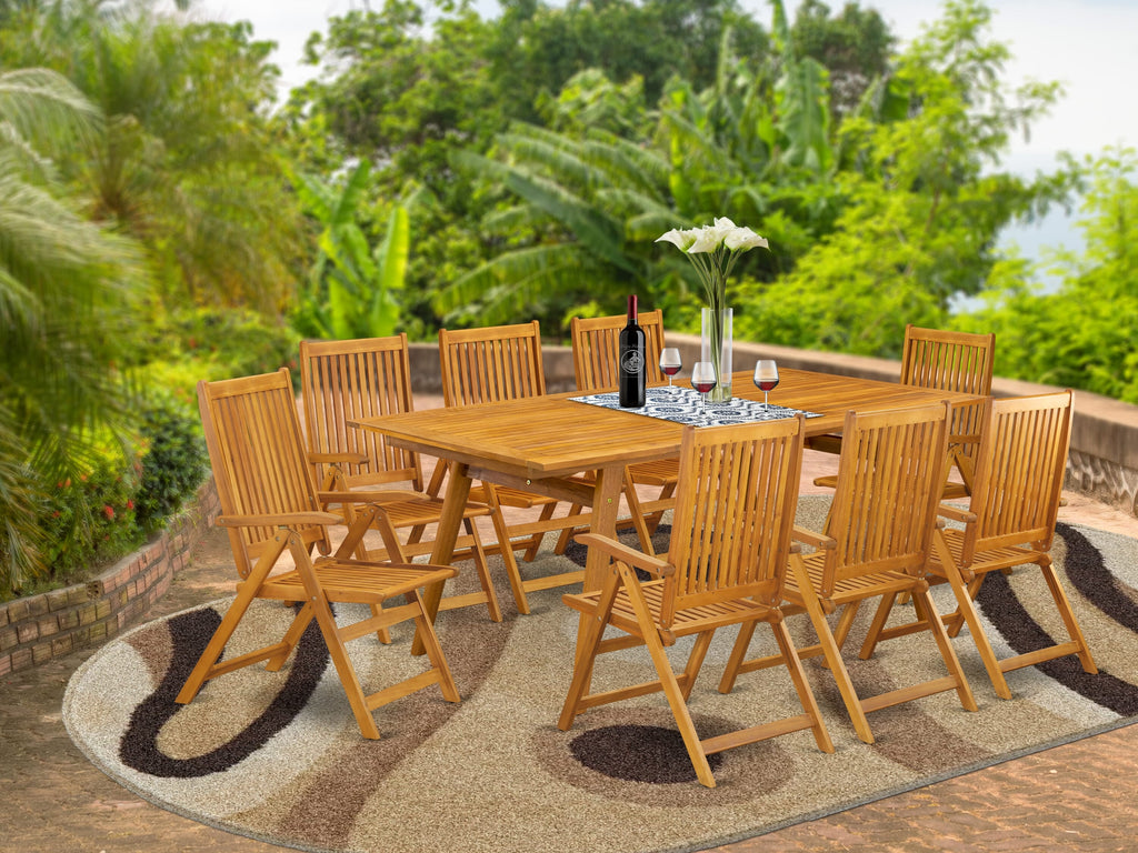 DECN90D6N 9-Piece Outdoor Patio Dining Ensemble with Acacia Wood Table and Adjustable Folding Chairs, 40x72