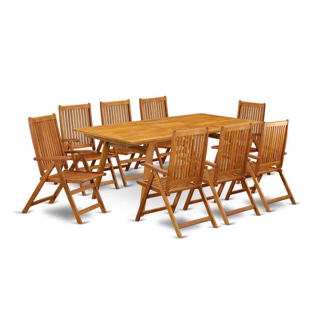 DECN90D6N 9-Piece Outdoor Patio Dining Ensemble with Acacia Wood Table and Adjustable Folding Chairs, 40x72
